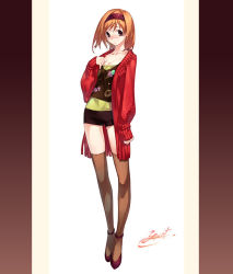 Rule 34 | 1girl, breasts, brown hair, brown thighhighs, cleavage, collarbone, fashion, full body, hairband, kousaki rui, long sleeves, looking at viewer, original, print shirt, shirt, shoes, short hair, shorts, simple background, sleeves past wrists, solo, standing, thighhighs