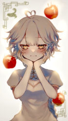 Rule 34 | 1girl, ahoge, apple, blunt bangs, blurry, blush, breasts, cleavage, closed mouth, curly hair, depth of field, flower-shaped pupils, food, fruit, hands on own face, heart, heart ahoge, looking down, medium breasts, original, puffy short sleeves, puffy sleeves, ribbon trim, shirt, short hair, short sleeves, solo, sparkle, symbol-shaped pupils, upper body, wavy mouth, white background, white hair, white shirt, yellow eyes, yugi yuzu