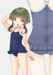 Rule 34 | 1girl, absurdres, ass, blue one-piece swimsuit, bob cut, braid, breasts, brown eyes, commentary request, competition school swimsuit, covered navel, frilled one-piece swimsuit, frilled swimsuit, frills, green hair, highres, kantai collection, multiple views, nontraditional school swimsuit, one-piece swimsuit, school swimsuit, short hair, sidelocks, small breasts, swimsuit, swimsuit skirt, takanami (kancolle), yashin (yasinz), zoom layer