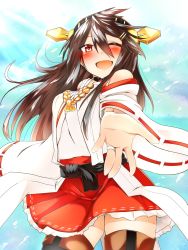 Rule 34 | 10s, 1girl, ;d, black thighhighs, blush, boots, breasts, brown eyes, brown hair, choker, detached sleeves, from below, hair ornament, hairband, hairclip, haruna (kancolle), highres, jewelry, kantai collection, large breasts, long hair, looking at viewer, miniskirt, nontraditional miko, one eye closed, open mouth, pleated skirt, reaching, ring, skirt, smile, solo, thigh boots, thighhighs, tsukui kachou, water drop, wedding band, wind, zettai ryouiki