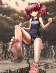 Rule 34 | 1girl, armor, axe, barefoot, cape, castle, cloud, cloudy sky, dark clouds, eichikei (hakuto), feet, foot focus, giant, giantess, hair ornament, helmet, highres, lightning, name tag, old school swimsuit, one-piece swimsuit, polearm, pov, red eyes, red hair, school swimsuit, short hair, sky, soles, swimsuit, sword, toes, trident, twintails, water, weapon