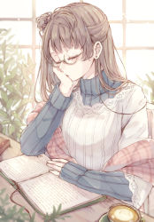 Rule 34 | 10s, 1girl, bad id, bad pixiv id, bespectacled, blanket, book, brown hair, cappuccino, closed eyes, coffee, coffee cup, cup, disposable cup, earrings, glasses, grey hair, half updo, head rest, highres, jewelry, kashiwagi tsukiko, latte art, long hair, long sleeves, love live!, love live! school idol festival, love live! school idol project, minami kotori, one side up, open book, parted lips, plant, scrunchie, sitting, sleeves past wrists, solo, sweater, table, turtleneck