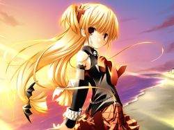 Rule 34 | 1girl, beach, blonde hair, brown eyes, chain, detached sleeves, fishnets, game cg, goth fashion, karen (triptych), long hair, looking at viewer, looking back, nimura yuuji, outdoors, saiga (company), skirt, solo, sunset, triptych