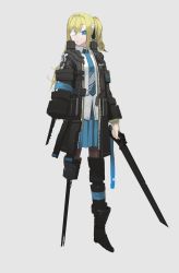 Rule 34 | absurdres, amputee, asteroid ill, bad id, bad twitter id, blonde hair, blue eyes, cornea (asteroid ill), double amputee, full body, hair ribbon, highres, holding, holding sword, holding weapon, jacket, long hair, missing limb, necktie, one side up, original, ribbon, shirt, simple background, skirt, solo, standing, sword, weapon, white background, white shirt