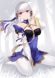 Rule 34 | 1girl, alternate breast size, bare shoulders, blue dress, blush, breasts, cait aron, cleavage, covered navel, detached collar, detached sleeves, dress, fire emblem, fire emblem: three houses, fire emblem heroes, hair ornament, highres, large breasts, long hair, looking at viewer, lysithea von ordelia, nintendo, purple eyes, sidelocks, silver hair, sitting, smile, solo, tassel, thighhighs, thighs, veil, wariza, white thighhighs, wide sleeves