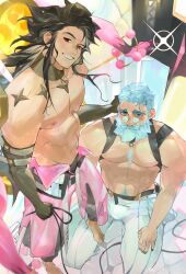 Rule 34 | 2boys, abs, absurdres, bara, beard, black gloves, black hair, black nails, blue eyes, chinese commentary, commentary request, dislyte, extra arms, facial hair, gloves, hand on another&#039;s head, highres, li ling (nezha), looking at viewer, male focus, multiple boys, muscular, muscular male, pants, pectorals, pink pants, pritzker (mimir) (dislyte), red eyes, round eyewear, sparkle, topless male, weibo logo, weibo watermark, white hair, white pants, williamschan