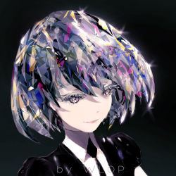 Rule 34 | 1other, androgynous, artist name, black background, black necktie, black shirt, closed mouth, collared shirt, commentary, diamond (houseki no kuni), glint, highres, houseki no kuni, multicolored eyes, multicolored hair, necktie, puffy short sleeves, puffy sleeves, purple eyes, shirt, short sleeves, smile, solo, white shirt, wing collar, wlop