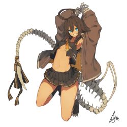 Rule 34 | 1girl, ahoge, black sailor collar, black shirt, black skirt, blue eyes, bone, breasts, brown hair, claws, colho (lansane), commentary request, dragon girl, highres, huge ahoge, jacket, jumping, lansane, looking at viewer, miniskirt, monster girl, neckerchief, open clothes, open jacket, open shirt, orange neckerchief, original, pleated skirt, ribbon, sailor collar, school uniform, serafuku, shirt, signature, simple background, skirt, small breasts, smile, solo, striped ribbon, tail, tail ornament, tail ribbon, white background, wings