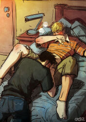 Rule 34 | 2boys, bad id, bad tumblr id, bara, black hair, blonde hair, blush, breath, clothes lift, couple, covering face, cris art, denim, fellatio, from above, hulkling, jeans, knees up, lying, male focus, marvel, multiple boys, on back, on bed, oral, pants, shirt lift, short hair, sideburns, socks, thick eyebrows, unfinished, wiccan, yaoi