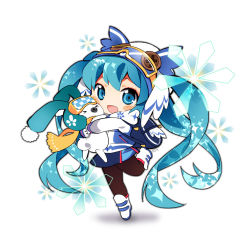 Rule 34 | &gt; &lt;, 1girl, 1other, animal, animal hug, aqua eyes, aqua hair, black pantyhose, blue jacket, blue skirt, blush stickers, boots, button eyes, buttons, chibi, closed eyes, commentary, full body, gloves, goggles, goggles on head, hatsune miku, holding, holding animal, jacket, leg up, long hair, looking at viewer, mao yu, miniskirt, multicolored clothes, multicolored jacket, open mouth, orange scarf, owl hat, pantyhose, rabbit, rabbit yukine, scarf, shadow, ski goggles, skirt, smile, snowflake print, snowflakes, sportswear, standing, standing on one leg, twintails, two-tone jacket, very long hair, vocaloid, white background, white footwear, white gloves, white jacket, yuki miku, yuki miku (2016)