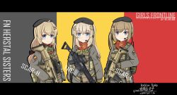 Rule 34 | 3girls, absurdres, ammunition pouch, arm at side, artist name, assault rifle, bandana, battle rifle, belgian flag, beret, bilingual, black headwear, blonde hair, blue eyes, body armor, celtic cross, character name, chinese commentary, chinese text, closed mouth, commentary, commentary request, company connection, company name, copyright name, cross, cross hair ornament, dated, dot nose, ear protection, english commentary, flag background, fn fnc, fn herstal, fn scar, fn scar 16, fn scar 17, fnc (girls&#039; frontline), folding stock, girls&#039; frontline, grey background, grey jacket, gun, gun sling, hair ornament, hairclip, hat, headset, highres, holding, holding gun, holding weapon, hybrid sight, jacket, kochiya tenko, letterboxed, light blush, light brown hair, logo, long hair, long sleeves, looking at viewer, military jacket, mixed-language commentary, mixed-language text, multicolored background, multiple girls, optical sight, patch, pocket, pouch, print bandana, red background, red bandana, rifle, scar-h (girls&#039; frontline), scar-l (girls&#039; frontline), shoulder patch, siblings, side ponytail, sisters, sleeves past wrists, smile, tactical clothes, upper body, walkie-talkie, weapon, weapon name, x hair ornament, yellow background