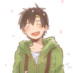 Rule 34 | 1boy, arms at sides, black hair, blush, buckle, closed eyes, commentary request, dated, double-parted bangs, facing viewer, green jumpsuit, hair between eyes, hair ornament, hairclip, highres, hood, hood down, jumpsuit, kagerou project, male focus, mekakucity actors, open mouth, petals, pocket, sakusakusakuran, seto kousuke, shirt, short hair, simple background, smile, solo, t-shirt, upper body, white background, white shirt