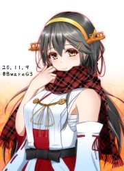 Rule 34 | 1girl, black hair, breasts, brown eyes, detached sleeves, hachiware (8ware63), hair ornament, hairband, hairclip, haruna (kancolle), headgear, highres, japanese clothes, kantai collection, long hair, medium breasts, nontraditional miko, plaid, plaid scarf, red scarf, ribbon-trimmed sleeves, ribbon trim, sarashi, scarf, solo, upper body