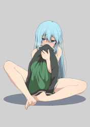 Rule 34 | 1girl, aqua (konosuba), blue eyes, blue hair, blush, borrowed clothes, coat, commentary request, green jacket, grey background, holding, holding clothes, holding jacket, jacket, kono subarashii sekai ni shukufuku wo!, long hair, naked coat, on ground, salpin, simple background, sitting, solo