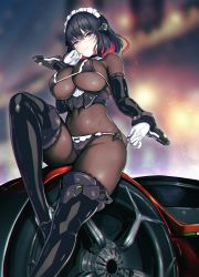 Rule 34 | 1girl, black bow, black footwear, black hair, blurry, blurry background, blush, bodystocking, boots, bow, bow panties, bra, breasts, car, chromatic aberration, closed mouth, commentary request, covered navel, elbow gloves, gloves, hair ornament, highres, javelin (nidy), large breasts, loincloth, looking at viewer, looking down, maid headdress, motor vehicle, multicolored hair, nidy, original, panties, pulling own clothes, purple eyes, red hair, shiny clothes, short hair, simple background, sitting, sitting on car, skindentation, smile, thigh boots, thighhighs, two-tone hair, underwear, white gloves