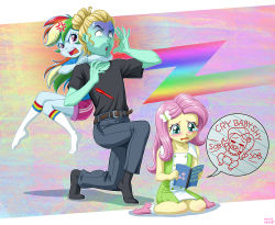 Rule 34 | 1boy, 2girls, age difference, aged down, angry, black shirt, blonde hair, blue eyes, blue skin, colored skin, crying, cyan skin, denim, dress, facial hair, fluttershy, green skin, hair bun, hair ornament, hairclip, jeans, long hair, multicolored hair, multiple girls, my little pony, my little pony: equestria girls, my little pony: friendship is magic, pants, pen, personification, pink hair, purple eyes, rainbow dash, rainbow hair, shirt, single hair bun, socks, strangling, stubble, uotapo, yellow skin, zephyr breeze