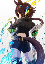 Rule 34 | 1girl, animal ears, ass, belt, black jacket, black shorts, blue fire, blush, brown belt, brown eyes, brown hair, closed mouth, clothing cutout, commentary request, crop top, cropped jacket, fire, from behind, gradient background, green fire, grey background, hand on own hip, highres, horse ears, horse girl, horse tail, jacket, kuman bachi, long hair, long sleeves, midriff, multicolored hair, pantyhose, pantyhose under shorts, profile, short shorts, shorts, sleeves past wrists, smile, solo, tail, tail through clothes, two-tone hair, umamusume, very long hair, vodka (umamusume), white hair, white pantyhose