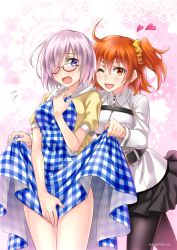 Rule 34 | 2girls, ahoge, assisted exposure, black-framed eyewear, black skirt, checkered clothes, checkered dress, clothes lift, covering privates, dress, dress lift, dress tug, embarrassed, eyes visible through hair, fate/grand order, fate (series), fujimaru ritsuka (female), hair ornament, hair over one eye, hair scrunchie, highres, lips, mash kyrielight, mash kyrielight (senpai killer outfit), miniskirt, multiple girls, official alternate costume, open mouth, orange eyes, orange hair, pantyhose, plaid, plaid dress, purple eyes, purple hair, sato-pon, scrunchie, short hair, side ponytail, skirt, yuri