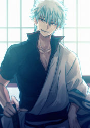 Rule 34 | 1boy, bad id, bad pixiv id, black shirt, bruise, bruised eye, clothes down, collarbone, collared shirt, gintama, grin, hand on hilt, head tilt, injury, japanese clothes, kimono, looking at viewer, male focus, sakata gintoki, shirt, short sleeves, silver hair, smile, solo, standing, szzz k, upper body, white kimono