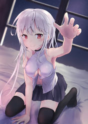 Rule 34 | 1girl, arm up, armpits, bare shoulders, bed, black thighhighs, blurry, blurry background, blush, breasts, closed mouth, highres, indoors, looking at viewer, medium breasts, medium hair, navel, night, on bed, original, parufeito, red eyes, sidelocks, sitting, skirt, smile, solo, thighhighs, thighs, wariza, white hair