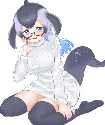 Rule 34 | 1girl, :d, absurdres, anchor hair ornament, aqua hair, bad id, bad pixiv id, black-framed eyewear, black footwear, blowhole, blue eyes, blue hair, blue whale (kemono friends), blush, boots, cetacean tail, commentary request, dorsal fin, dress, fins, fish tail, glasses, grey hair, hair ornament, hairclip, hand on own face, highres, kemono friends, kemono friends 3, kona ming, long hair, long sleeves, looking at viewer, multicolored hair, open mouth, ribbed sweater, semi-rimless eyewear, simple background, sitting, smile, solo, sweater, sweater dress, tail, teeth, thigh boots, thighhighs, turtleneck, turtleneck sweater, under-rim eyewear, upper teeth only, wariza, white background, white sweater, zettai ryouiki