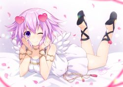 Rule 34 | 1girl, angel wings, arm support, armlet, binato lulu, blush, commentary request, dress, hair between eyes, hair ornament, head rest, heart, heart hair ornament, legs up, looking at viewer, lying, neptune (neptunia), neptune (series), on stomach, one eye closed, petals, purple eyes, purple hair, short hair, signature, sleeveless, sleeveless dress, smile, solo, white dress, wings