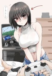 Rule 34 | 1boy, 1girl, black hair, breasts, controller, dualsense, game console, game controller, highres, large breasts, looking at viewer, midriff, open mouth, original, pants, playing games, playstation 5, playstation controller, pout, pov, red eyes, seiza, sitting, sleeveless, sleeveless turtleneck, television, turtleneck, video game, zekkyon