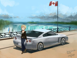 Rule 34 | 1girl, aged up, alternate costume, artist name, blonde hair, blue eyes, canada, canadian flag, car, casual, cloud, dated, day, denim, erica hartmann, flag, flagpole, highres, jeans, kanokoga, motor vehicle, niagara falls, nissan, nissan gt-r, nissan gtr, pants, short hair, sky, solo, strike witches, vehicle, vehicle focus, water, waterfall, wide shot, world witches series