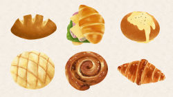 Rule 34 | bread, cheese, commentary request, croissant, food, food focus, highres, icing, lettuce, melon bread, no humans, original, parsley, simple background, sliced cheese, sliced meat, swirl, totoyoyosusu, white background
