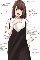 Rule 34 | 1girl, absurdres, black dress, blouse, blush, brown eyes, brown hair, commentary request, dress, finger to mouth, hand on own hip, highres, kapatarou, long sleeves, looking at viewer, medium hair, original, shirt, shirt under dress, simple background, solo, translation request, white background, white shirt