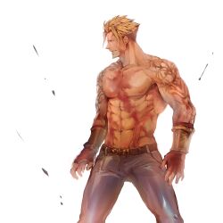 Rule 34 | 1boy, 6 (brm6), abs, beowulf (fate), blonde hair, denim, facial hair, fate/grand order, fate (series), feet out of frame, goatee, highres, jeans, large pectorals, looking at viewer, male focus, mature male, muscular, muscular male, nipples, pants, pectorals, red eyes, scar, scar across eye, scar on chest, short hair, shoulder tattoo, sideburns, smirk, solo, standing, stomach, tattoo, textless version, topless male