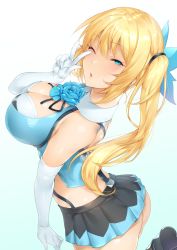 Rule 34 | 1girl, 7zu7, ass, bare shoulders, blonde hair, blue eyes, blue flower, blue rose, blue vest, blush, breasts, cleavage, elbow gloves, flower, gloves, hair ribbon, hand gesture, hip focus, large breasts, long hair, looking at viewer, midriff, miniskirt, mirai akari, mirai akari project, one eye closed, open mouth, pleated skirt, ribbon, rose, side ponytail, skirt, solo, vest, virtual youtuber, w, white gloves