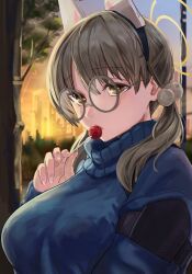 Rule 34 | 1girl, 200-ko no chikara, absurdres, animal ears, blue archive, blue sweater, breasts, brown eyes, brown hair, candy, closed mouth, fake animal ears, food, glasses, halo, highres, holding, holding candy, holding food, holding lollipop, large breasts, lollipop, long hair, long sleeves, low twintails, moe (blue archive), rabbit ears, solo, sweater, twintails, upper body, yellow halo