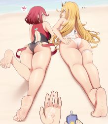 Rule 34 | 1other, 2girls, absurdres, ahoge, ass, bagelbomb, bare shoulders, barefoot, beach, bikini, blonde hair, blush, breasts, circlet, come hither, competition swimsuit, embarrassed, feet, foreshortening, from behind, full body, hair ornament, hand on own ass, highres, large breasts, leg up, legs together, leotard, long hair, looking at viewer, looking back, lotion, lying, multiple girls, mythra (radiant beach) (xenoblade), mythra (xenoblade), naughty face, ocean, on stomach, one-piece swimsuit, outdoors, pov, pyra (pro swimmer) (xenoblade), pyra (xenoblade), red eyes, red hair, sand, shiny clothes, shiny skin, short hair, sideboob, smile, sunscreen, suspenders, swimsuit, thick thighs, thigh strap, thighs, very long hair, wide hips, xenoblade chronicles (series), xenoblade chronicles 2