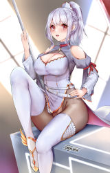 Rule 34 | 1girl, artist name, azur lane, belt, black thighhighs, bodystocking, boots, braid, breasts, cape, character request, cleavage, clothing cutout, dress, frilled dress, frilled footwear, frilled sleeves, frills, hair ornament, hand on own hip, highres, holding, holding polearm, holding spear, holding weapon, knee up, large breasts, layered sleeves, long sleeves, open mouth, polearm, ponytail, red eyes, red ribbon, ribbon, short dress, shoulder cutout, shrug (clothing), silver hair, sitting, solo, spear, teeth, thigh boots, thighhighs, toyoman, upper teeth only, weapon, white belt, white cape, white dress, white footwear, winged footwear