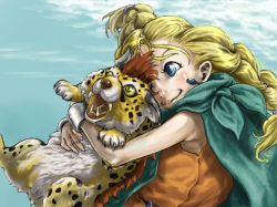 Rule 34 | 1girl, bianca (dq5), blonde hair, blue eyes, borongo, braid, cape, cat, colmack, dragon quest, dragon quest v, earrings, hug, jewelry, long hair, open mouth, smile, square enix, yellow eyes, aged down