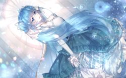 Rule 34 | 1girl, beamed eighth notes, blue dress, blue eyes, blue hair, blurry, blurry background, crown, dress, dutch angle, hand up, hatsune miku, highres, hsmoji, indoors, long hair, looking at viewer, musical note, open mouth, pale skin, smile, snowflakes, solo, standing, twintails, very long hair, vocaloid, yuki miku
