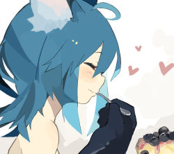 Rule 34 | 1girl, ahoge, animal ears, animal hands, bare shoulders, black gloves, blue hair, blush, closed eyes, closed mouth, eating, from side, gloves, hair between eyes, heart, holding, holding spoon, long hair, original, pappii (paprika shikiso), paprika shikiso, profile, smile, solo, spoon