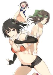 Rule 34 | 10s, 3girls, :o, :q, bare legs, barefoot, bikini, black eyes, black gloves, black hair, breasts, brown eyes, brown hair, cleavage, elbow gloves, finger to mouth, fingerless gloves, gloves, groin, hair ornament, hareno chiame, headband, jintsuu (kancolle), jpeg artifacts, kantai collection, leaning forward, leg up, medium breasts, multiple girls, naka (kancolle), navel, open fly, open mouth, orange bikini, scarf, school swimsuit, sendai (kancolle), short shorts, shorts, simple background, small breasts, smile, string bikini, swimsuit, tongue, tongue out, two side up, unzipped, white background, white bikini