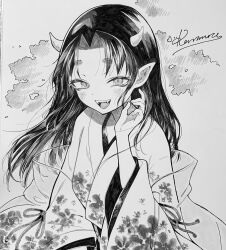 Rule 34 | 1girl, blush, fangs, floral print, greyscale, highres, horns, japanese clothes, kanimura ebio, kimono, long hair, looking at viewer, monochrome, oni, oni horns, open mouth, original, pointy ears, print kimono, shikishi, short eyebrows, signature, smile, solo, teeth, traditional media, upper body, wide sleeves