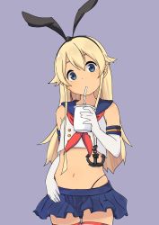 Rule 34 | 10s, 1girl, absurdres, anchor hair ornament, aqua eyes, bare shoulders, black panties, blonde hair, blue eyes, blue skirt, buttons, cowboy shot, crop top, drinking, elbow gloves, gloves, hair ornament, hairband, head tilt, highleg, highleg panties, highres, juice, kantai collection, long hair, miniskirt, navel, neckerchief, omotin, panties, pleated skirt, purple background, red neckerchief, sailor collar, shimakaze (kancolle), simple background, skirt, sleeveless, solo, stomach, striped clothes, striped thighhighs, thigh gap, thighhighs, underwear, white gloves