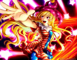 Rule 34 | 1girl, american flag, american flag dress, american flag legwear, ayla kazemi, beam, blonde hair, blush stickers, breasts, clownpiece, covered navel, danmaku, doyagao, fairy wings, fire, foreshortening, glowing, hat, jester cap, left-handed, long hair, neck ruff, open mouth, outstretched arms, outstretched hand, pantyhose, pink eyes, small breasts, smile, smug, solo, star (symbol), torch, touhou, transparent wings, wings