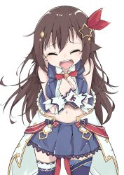 Rule 34 | 1girl, absurdres, bare shoulders, blue skirt, blue thighhighs, blue vest, bow, breasts, brown hair, hair between eyes, hair ornament, hair ribbon, highres, hololive, laughing, long hair, medium breasts, midriff, navel, open clothes, open mouth, open vest, own hands clasped, own hands together, red bow, red ribbon, ribbon, sasakungoodsize, shirt, skirt, sleeveless, sleeveless shirt, solo, star (symbol), star hair ornament, tears, teeth, thighhighs, tokino sora, tokino sora (1st costume), upper teeth only, vest, virtual youtuber, white background, white shirt, wrist cuffs