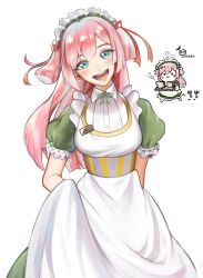 Rule 34 | 1girl, :d, apron, blue eyes, blunt ends, chibi, chibi inset, dress, green dress, head tilt, highres, long hair, looking at viewer, lumeru 33, maid headdress, open mouth, original, pink hair, puffy short sleeves, puffy sleeves, short sleeves, simple background, smile, solo, twintails, white apron, white background