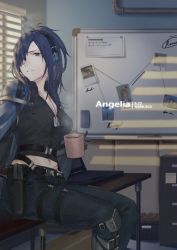 Rule 34 | angelia (girls&#039; frontline), black shirt, blouse, breasts, character name, cleavage, commentary, computer, cup, drawing (object), english commentary, file cabinet, girls&#039; frontline, hair over one eye, hair up, headset, holding, holding cup, holster, indoors, laptop, large breasts, long hair, looking to the side, midriff, mik bla, multiple straps, navel, pants, parted lips, ppistol, prosthesis, prosthetic arm, shirt, table, whiteboard, window, window blinds