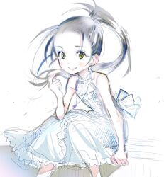 Rule 34 | 1girl, artist request, black hair, blush, dress, eyelashes, happy, highres, jewelry, kamisaki hikaru, long hair, looking at viewer, medalist (manga), necklace, ponytail, simple background, sitting, sketch, smile, solo, source request, white background, yellow eyes