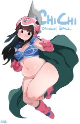 Rule 34 | 1girl, armor, belly, bikini armor, black eyes, black hair, blunt bangs, blush, boots, breasts, cape, chi-chi (dragon ball), dragon ball, full body, helmet, highres, legs, lightsource, long hair, looking at viewer, medium breasts, navel, pink footwear, plump, shoulder armor, simple background, solo, white background