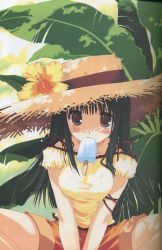 Rule 34 | 1girl, black hair, blush, breasts, flower, food, hat, hibiscus, highres, ice cream, long hair, mitsumi misato, original, popsicle, ribbon, shorts, solo, straw hat, summer