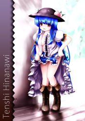 Rule 34 | 1girl, blue hair, boots, breasts, character name, clothes lift, cross-laced footwear, female focus, food, fruit, hat, highres, hinanawi tenshi, lace-up boots, leaf, long hair, no pants, open clothes, open mouth, open shirt, peach, pink eyes, puffy sleeves, shirt, short sleeves, skirt, skirt lift, solo, touhou, tsubasa (abchipika), very long hair