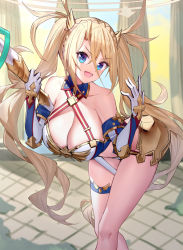 Rule 34 | 1girl, :d, bare shoulders, blonde hair, blue eyes, bradamante (fate), bradamante (third ascension) (fate), braid, breasts, cleavage, collarbone, commentary request, crown braid, day, elbow gloves, fate/grand order, fate (series), gloves, hair between eyes, halo, highres, holding, large breasts, leaning forward, long hair, looking at viewer, open mouth, outdoors, pillar, ririko (zhuoyandesailaer), smile, solo, standing, twintails, v-shaped eyebrows, very long hair, white gloves